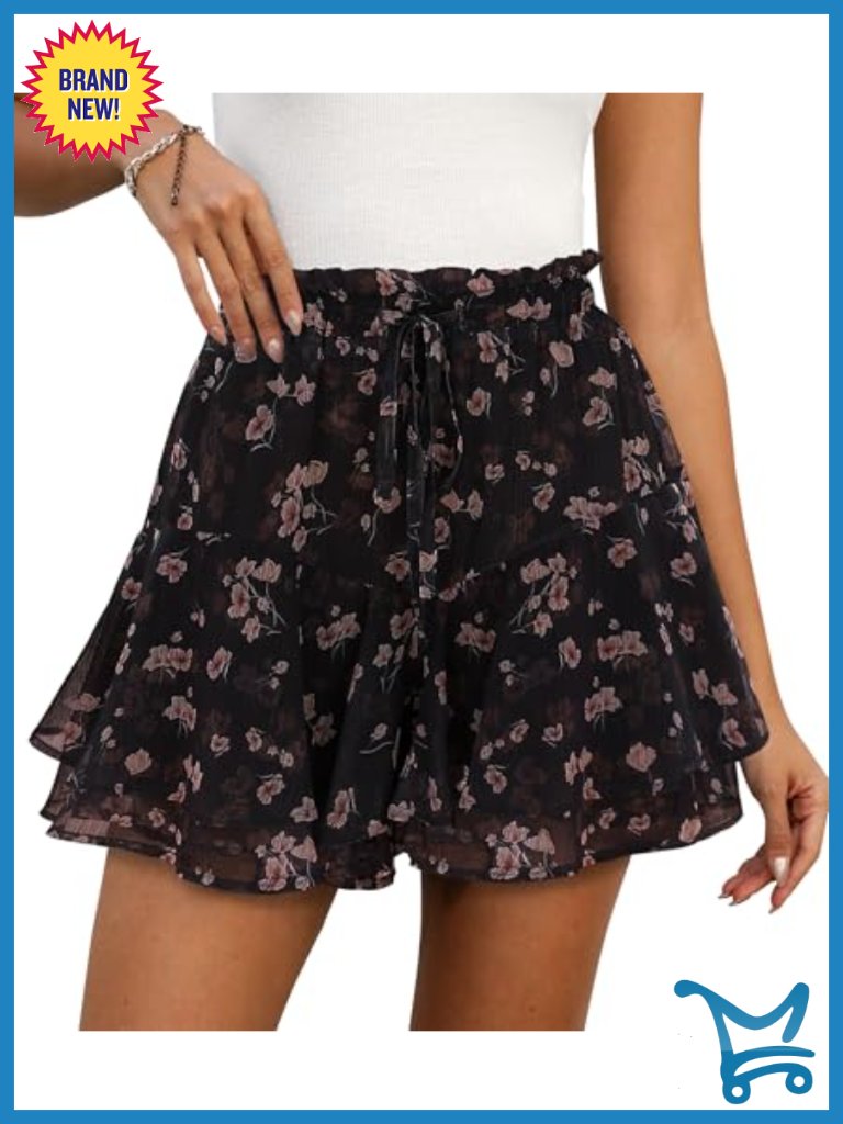 High Waisted Floral Print Skort With Drawstring - Lightweight Chiffon